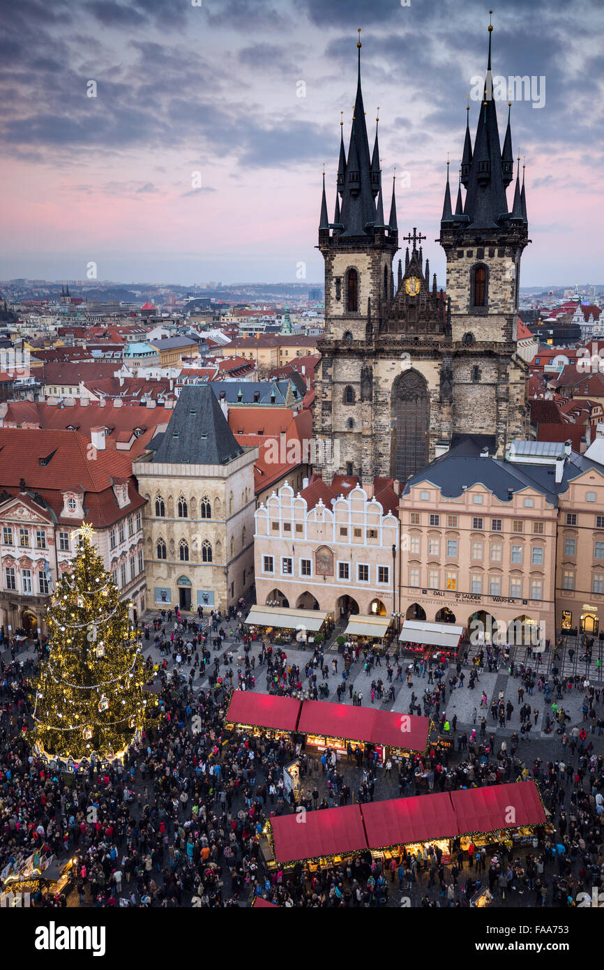 Christmas markets in Prague's Old Town Square. Panoramic view from tower, Prague, Czech Republic Stock Photo