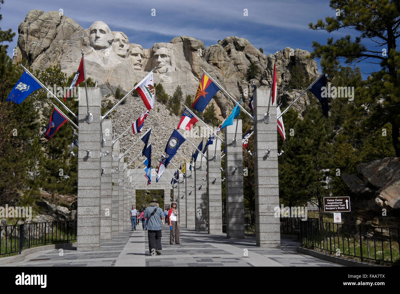 Mount Rushmore National Memorial with state flags, South Dakota Stock Photo