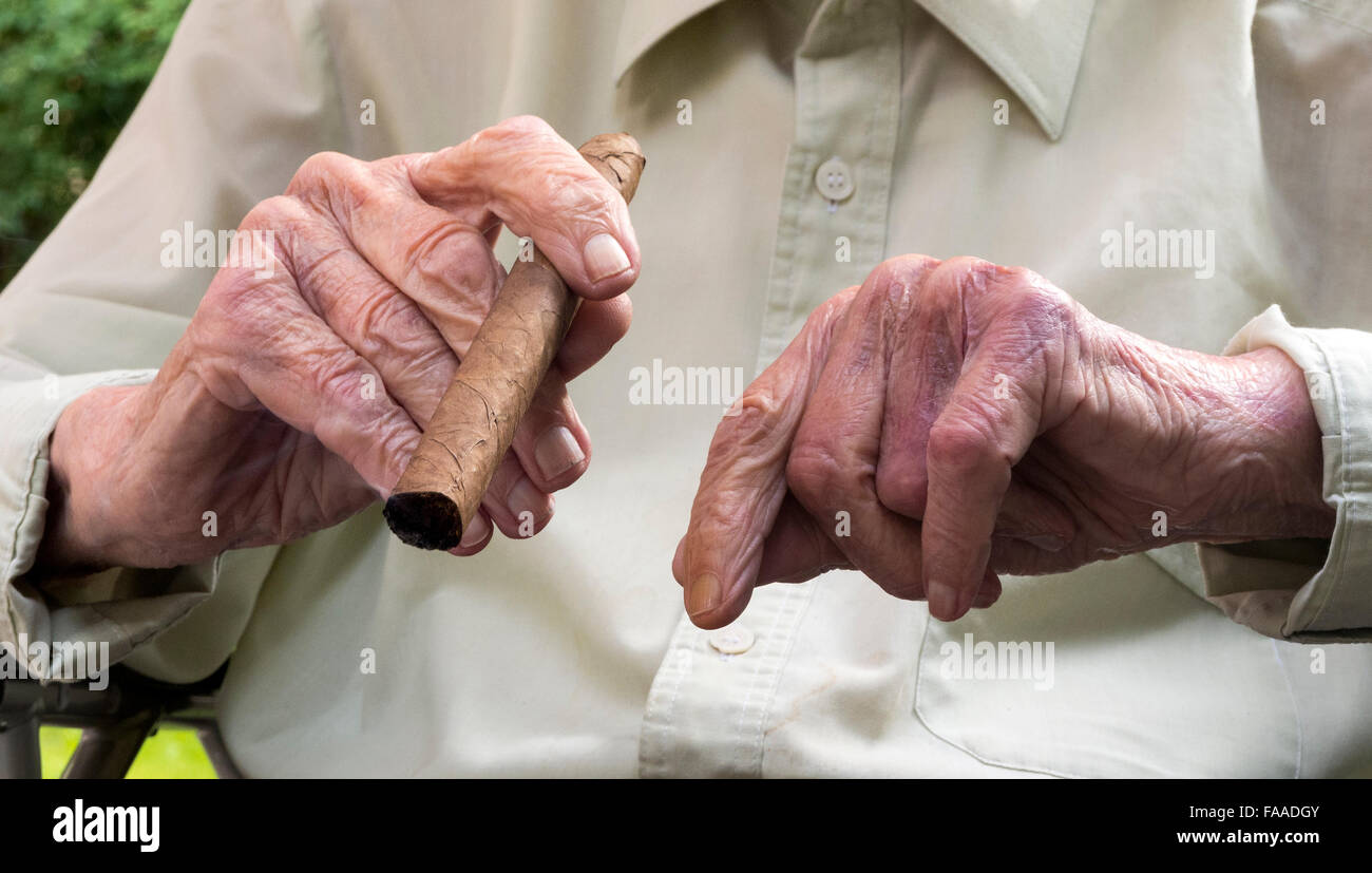 Hands of an old man with cigar, retirement home, Berlin, Germany Stock Photo