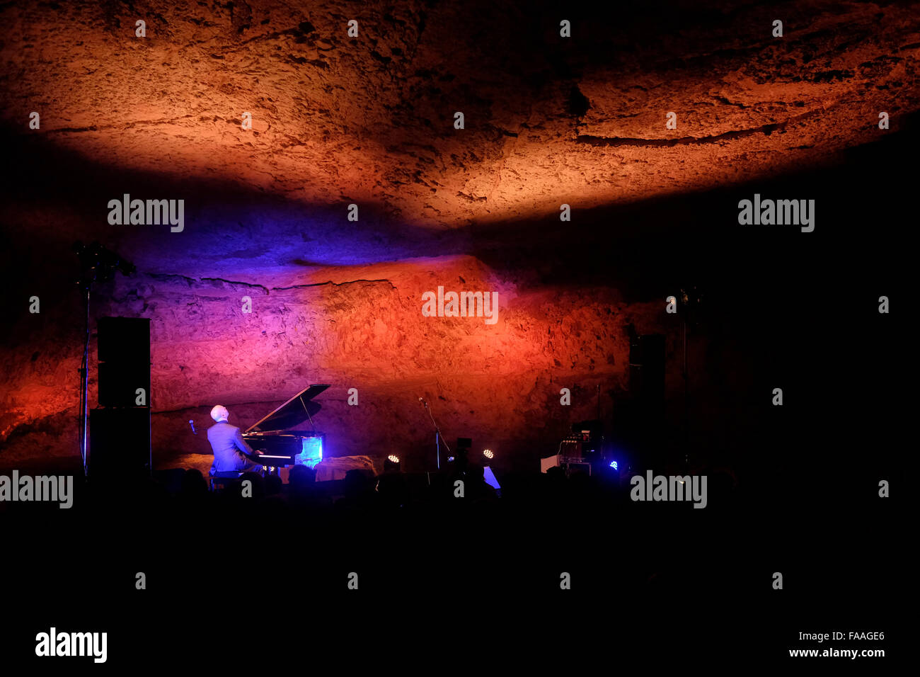 Israeli singer Nurit Galron and Gil Shohat an Israeli classical music composer performing inside Zedekiah's Cave also called Solomon's Quarries an underground  limestone quarry that runs under the Muslim Quarter of the Old City of Jerusalem Israel Stock Photo