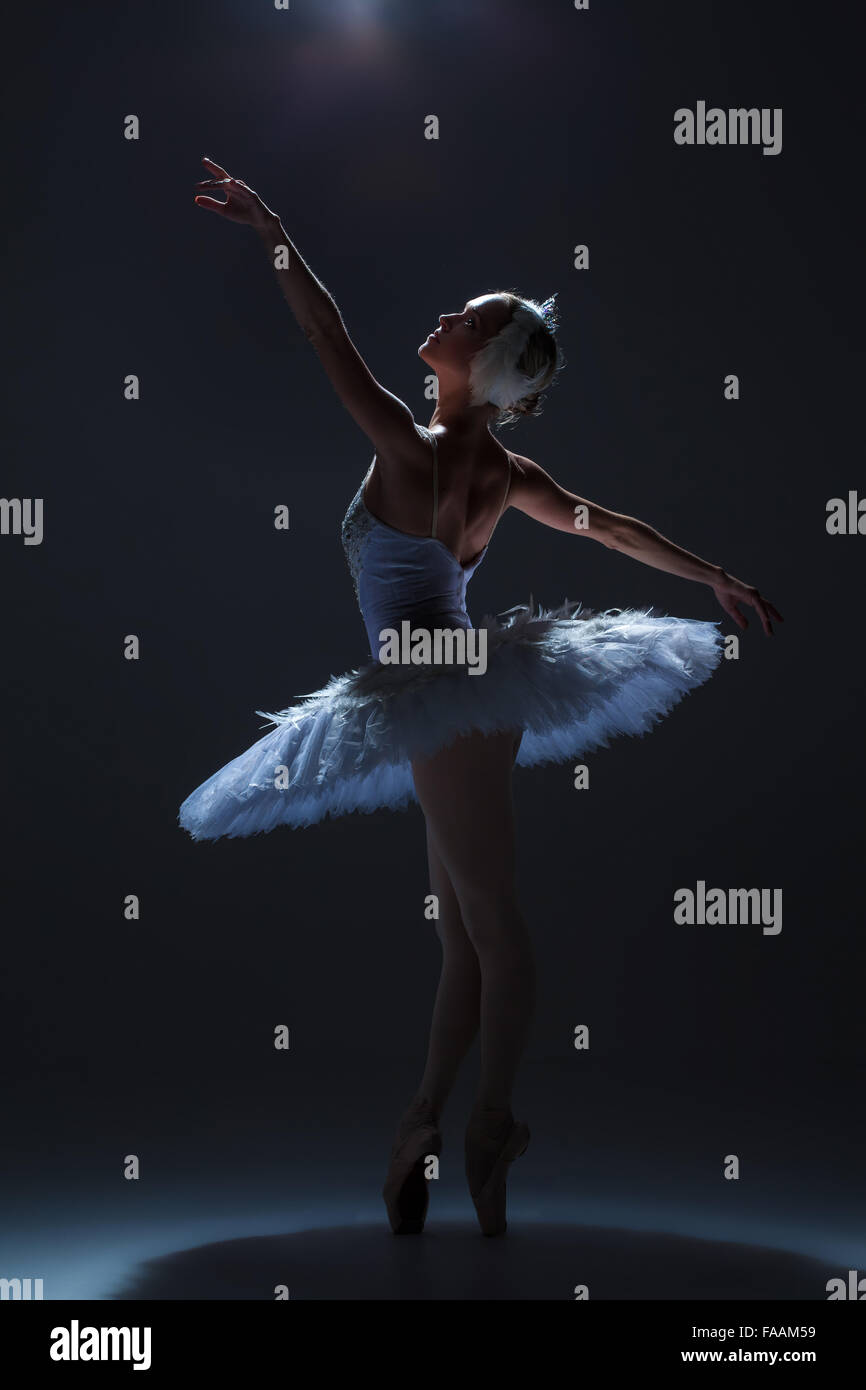 Portrait of the ballerina in ballet tatu on dack background Stock Photo