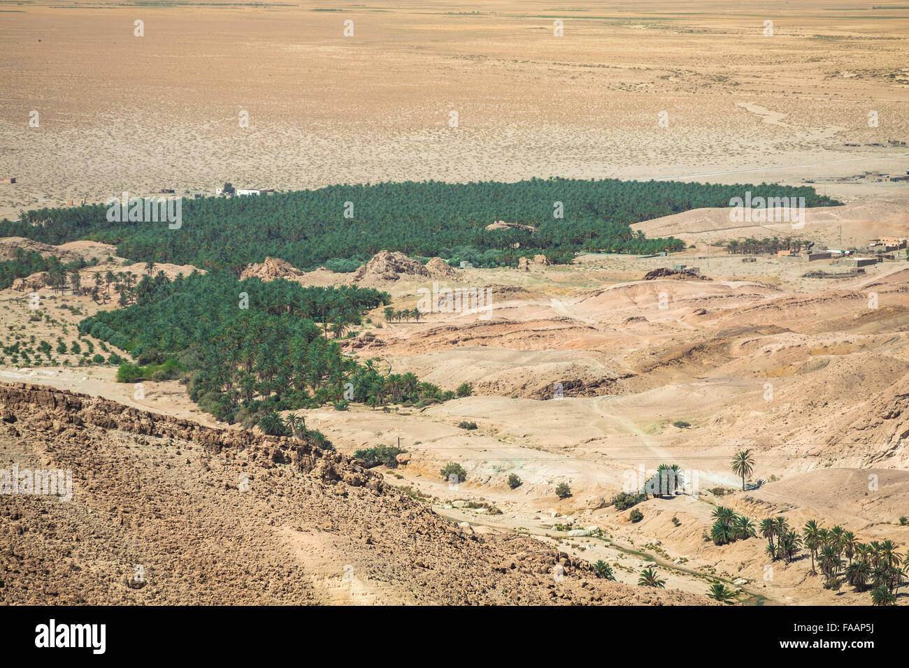Mountain oasis Tamerza in Tunisia near the border with Algeria. Stock Photo