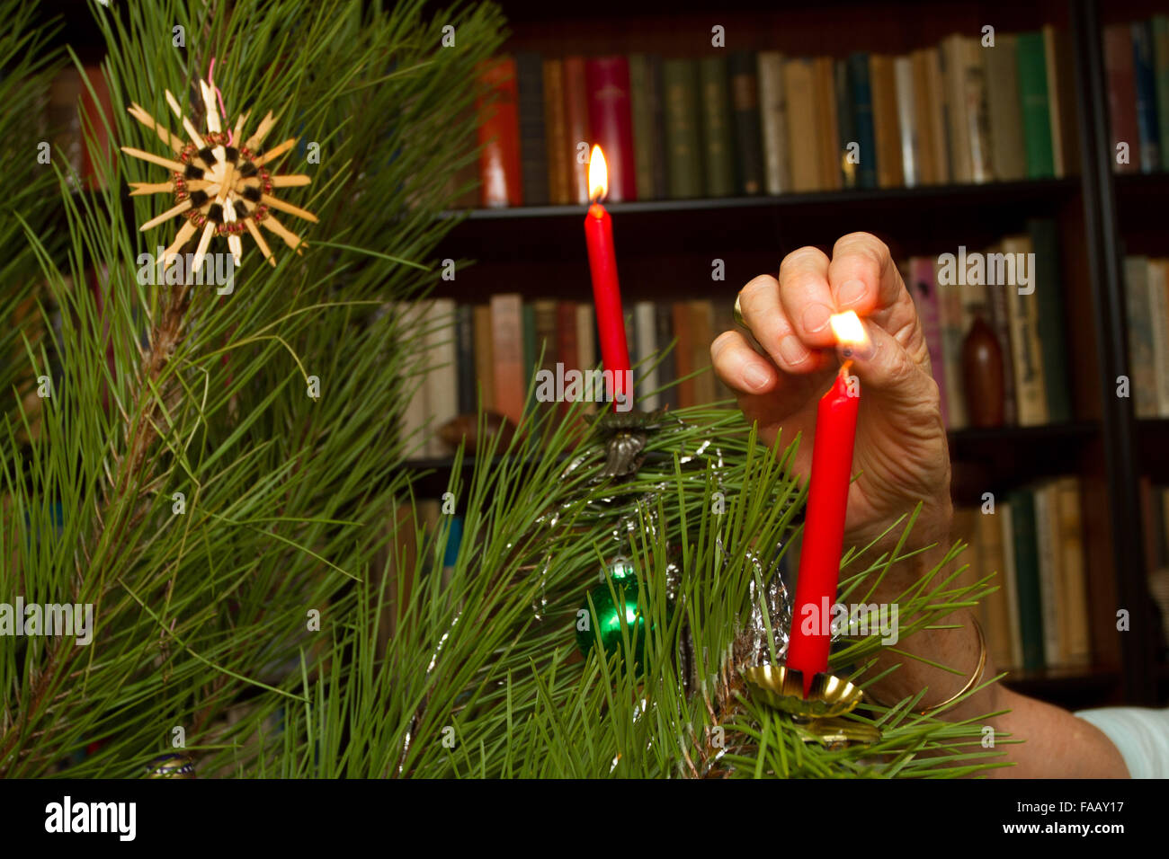 Christmas tree candles being lit Stock Photo Alamy