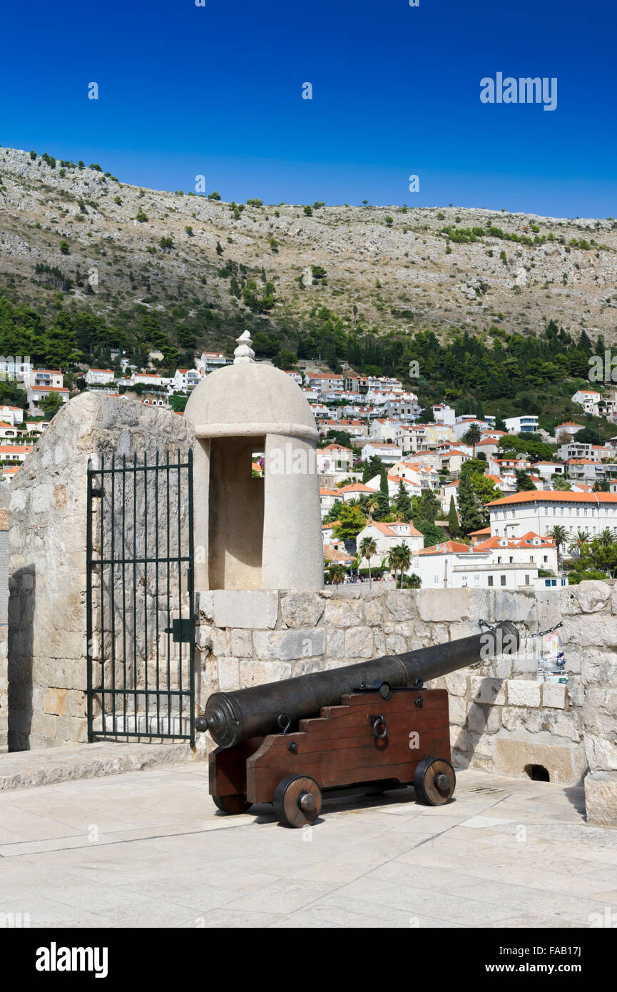 An old cannon on top of one of the towers of the old fortress in Dubrovnik, Croatia. Stock Photo