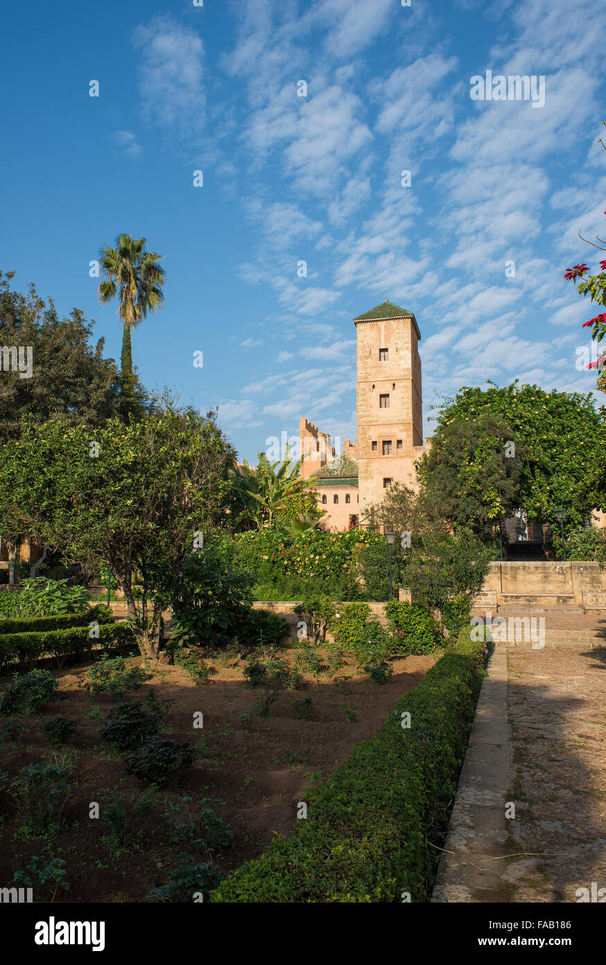 Andalusian gardens in Udayas kasbah. Kasbah of the Udayas is a small fortified complex and a symbol of the Almohad arquitecture, Stock Photo
