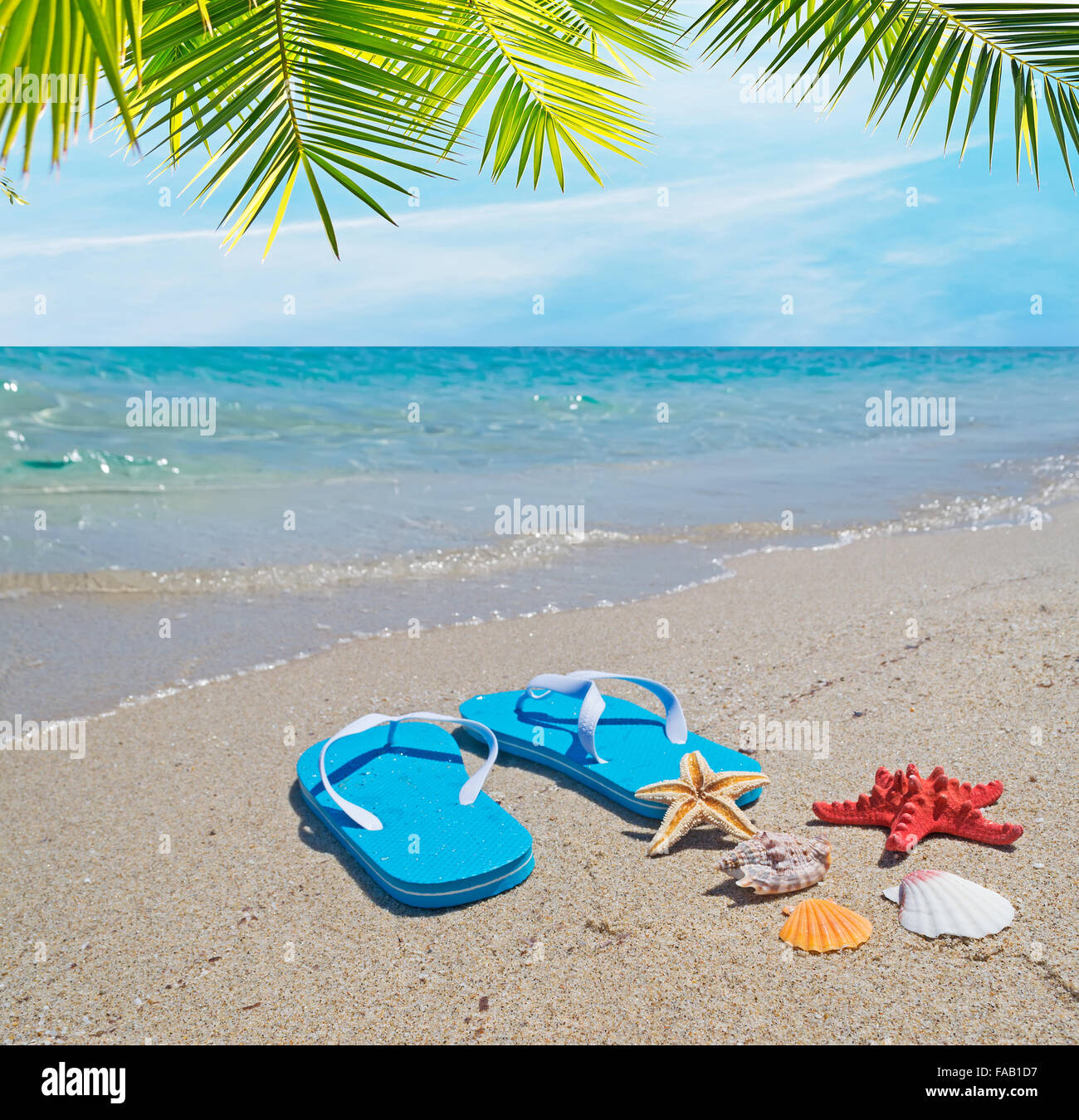 flip flops on the sand in a tropical beach Stock Photo - Alamy
