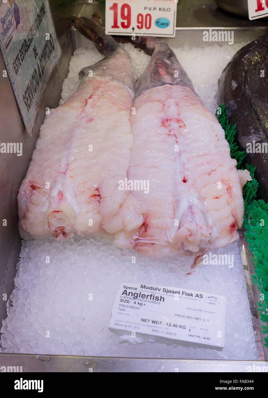 Anglerfish on sale at Ribera Market Bilbao Stock Photo