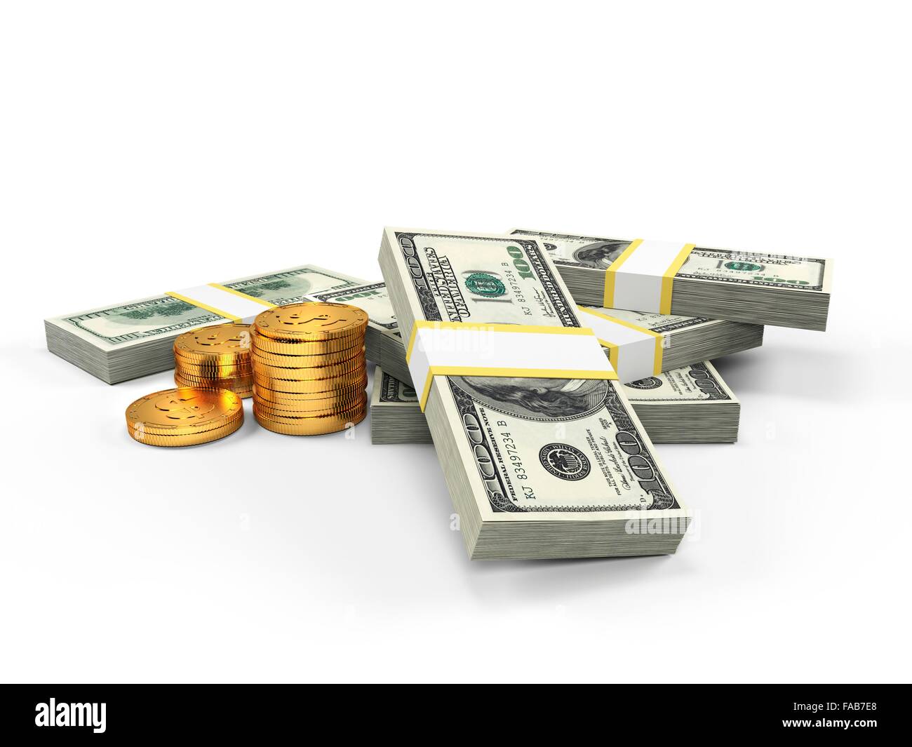 US dollar notes and golden coins, computer illustration. Stock Photo