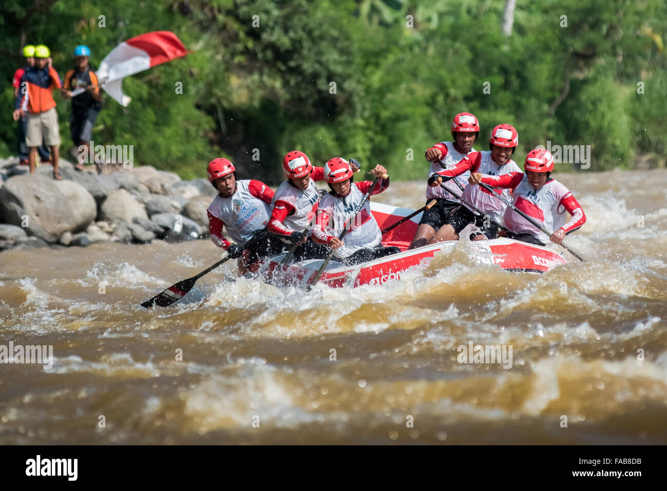 Indonesia open men team during down river race category on 2015 World Rafting Championships. Stock Photo