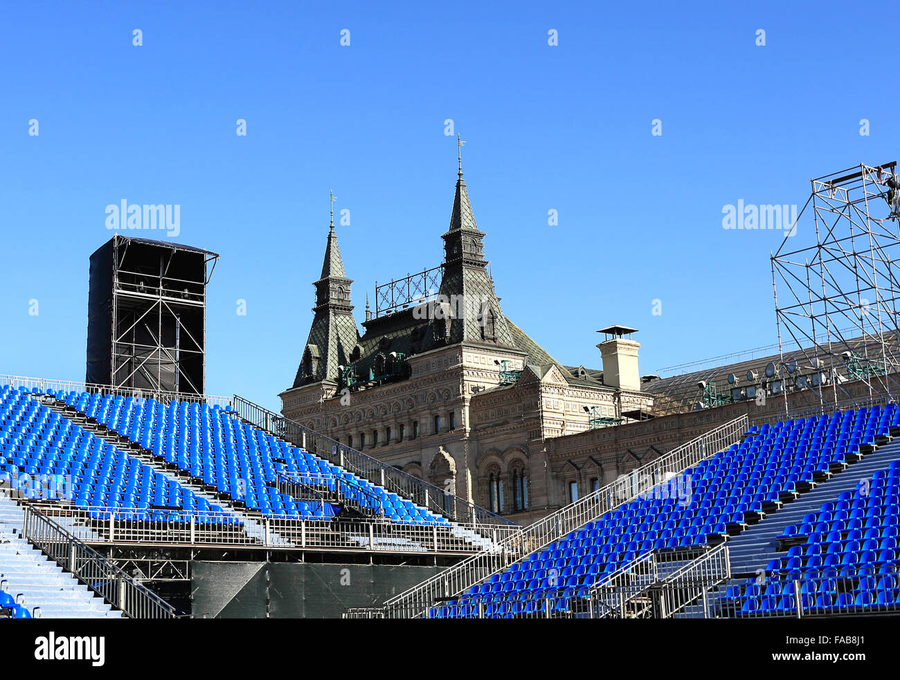 Spectator tribunes and scenery on the Red Square in Moscow in preparation for the festival Stock Photo