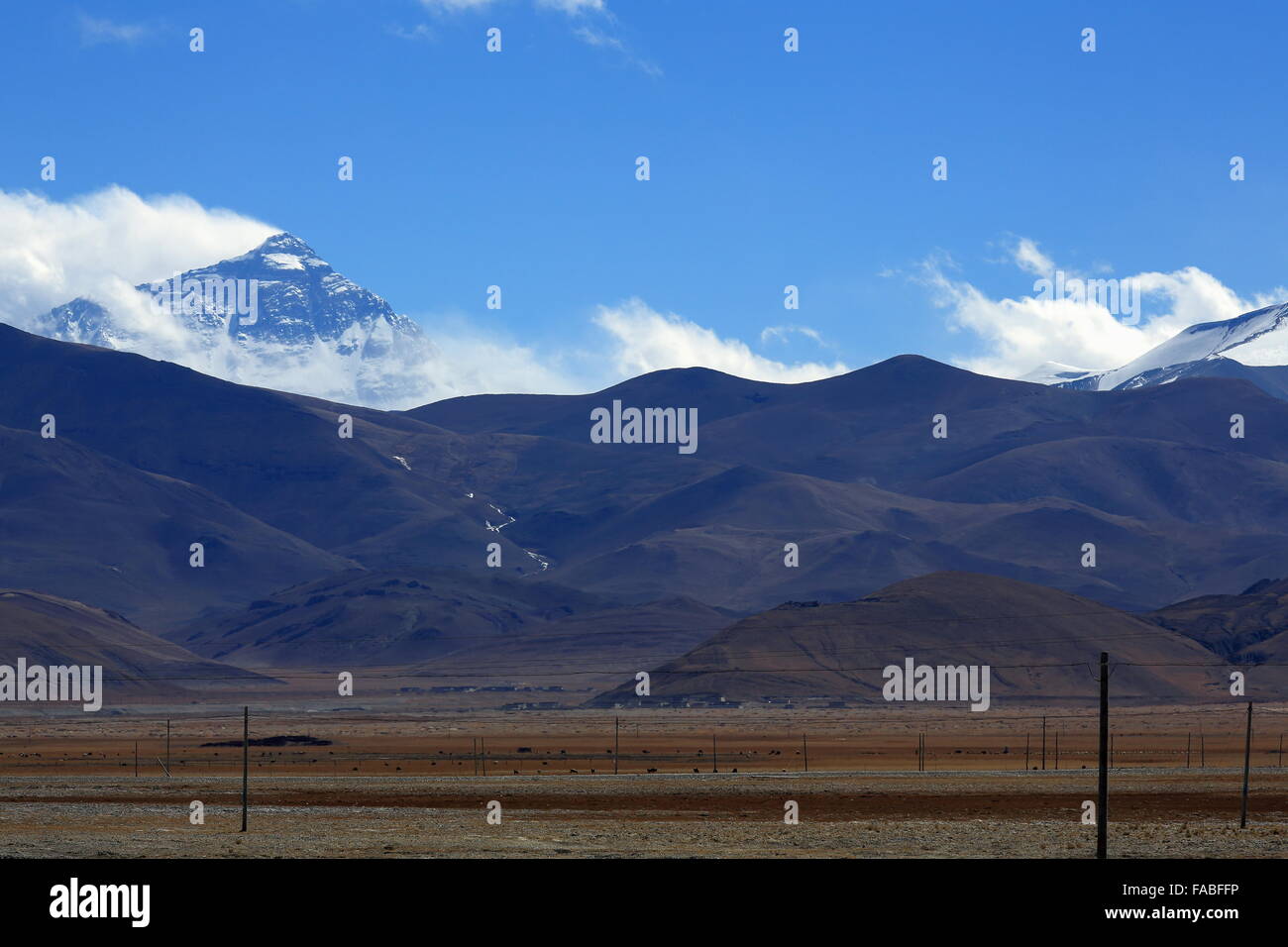 Mount Chomolungma-Qomolangma-Sagarmatha-Holy Mother-Everest north face. From the tibetan plateau Tingri-Lawn Mountain town-Tibet Stock Photo