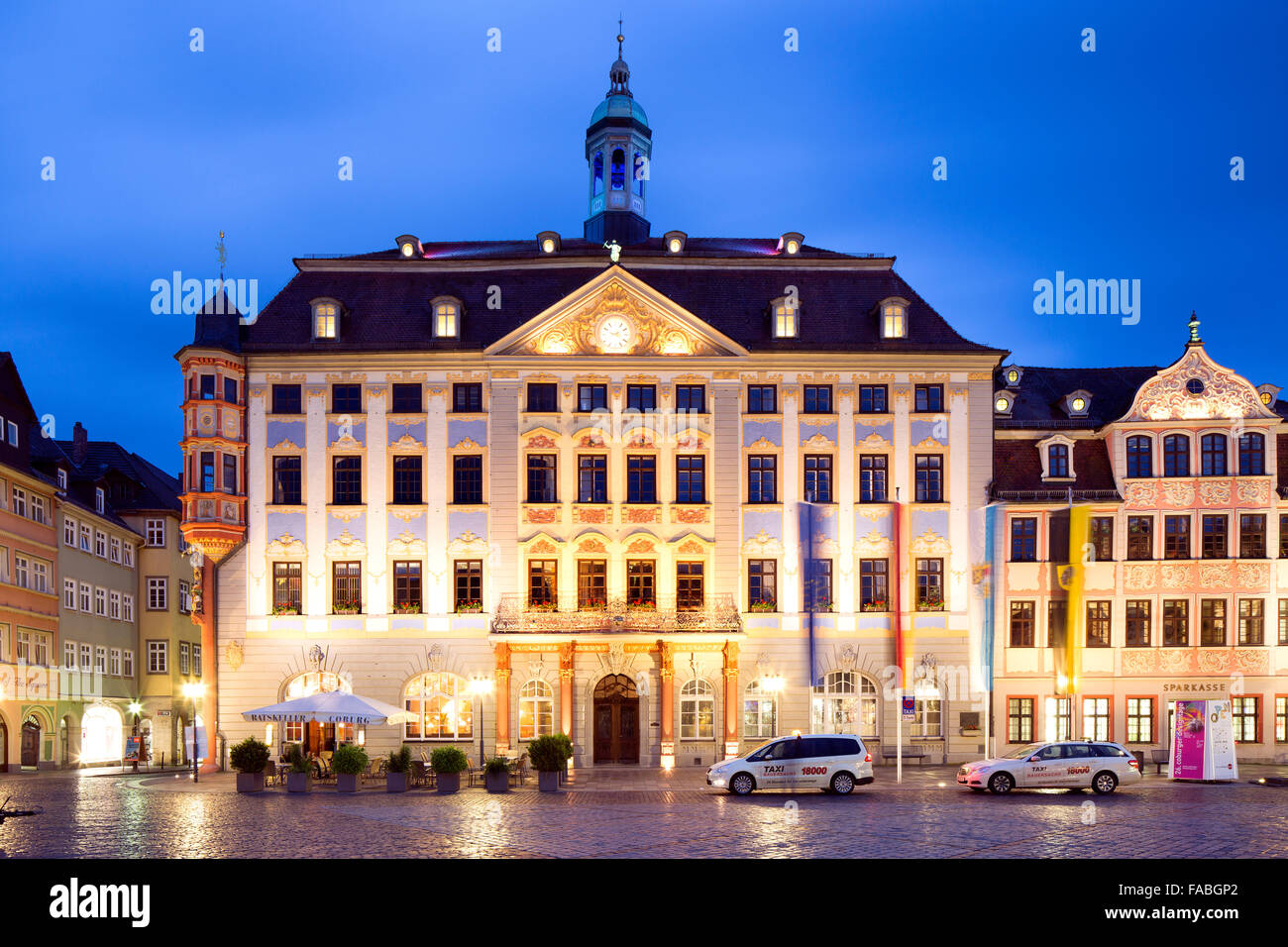 New Town Hall on the market square at dusk, Coburg, Upper Franconia, Bavaria, Germany Stock Photo