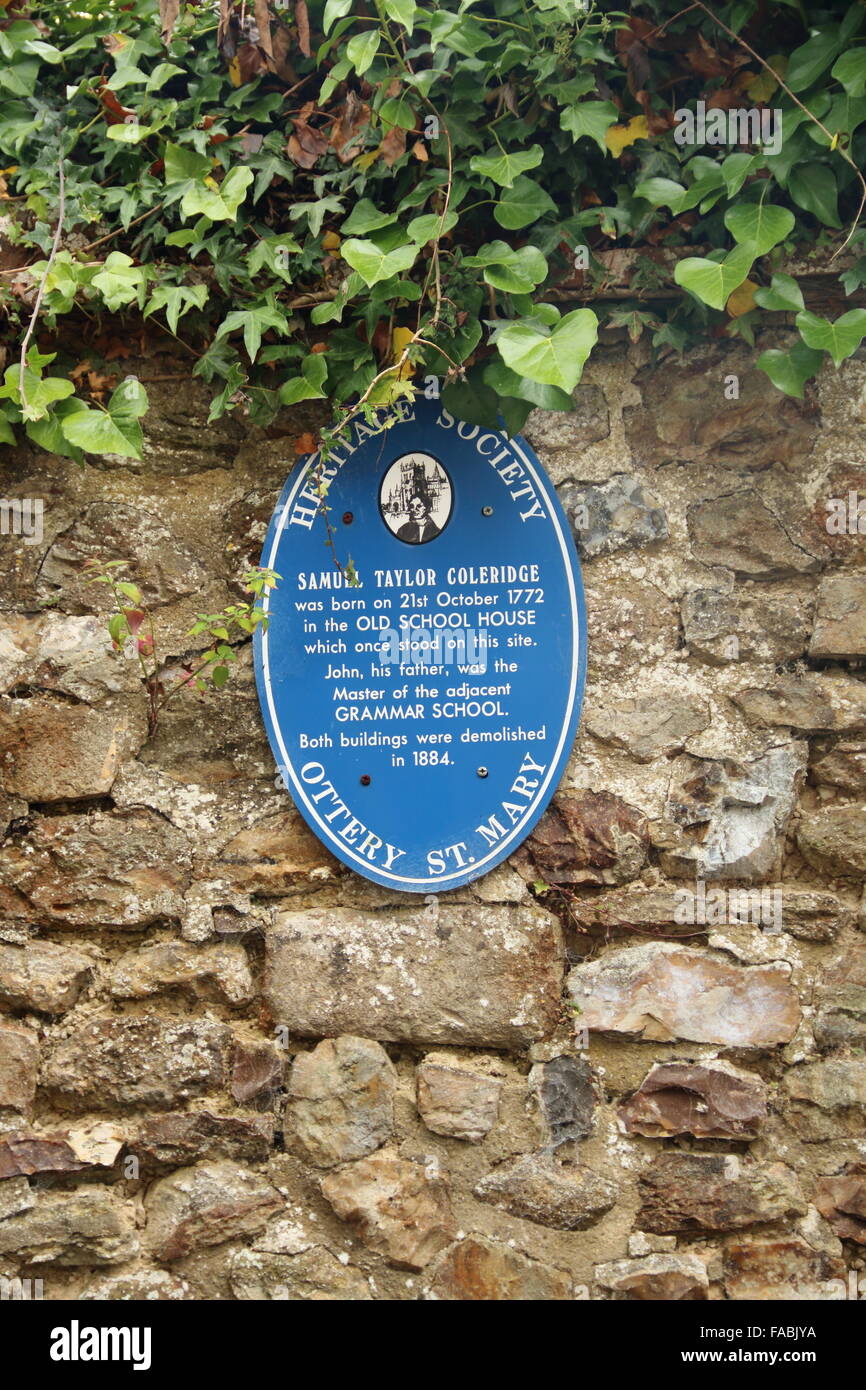 Plaque commemorating Samuel Taylor Coleridge,Ottery St Mary,Devon Stock