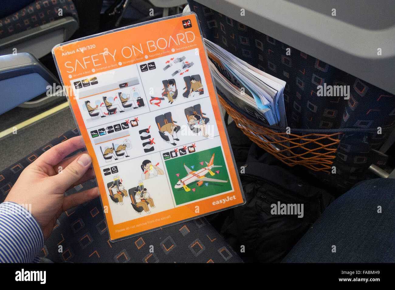On board safety card on an EasyJet Airbus A319/320 Stock Photo Alamy