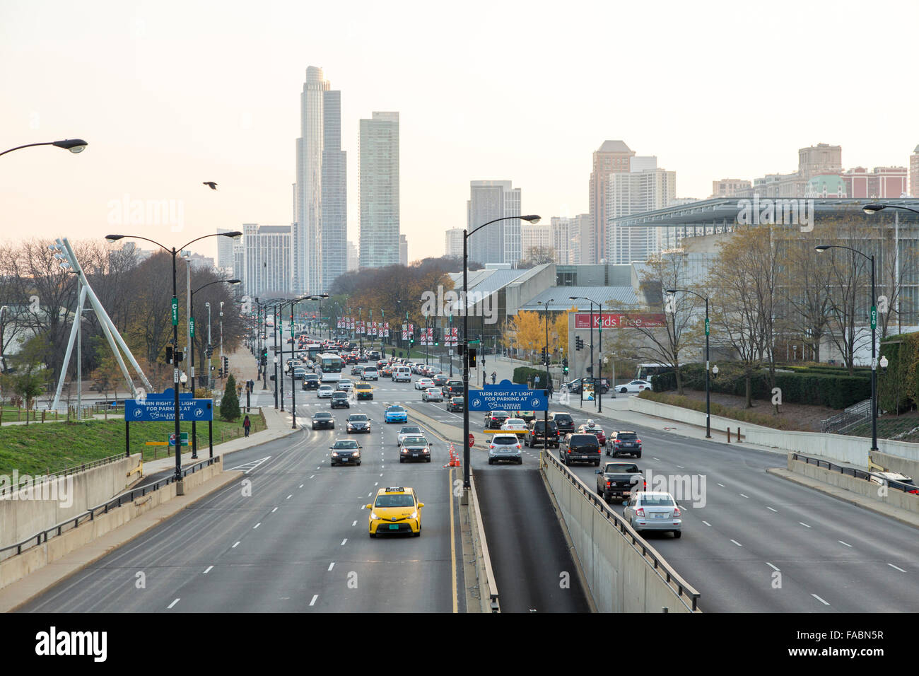 View of Columbus Drive from the BP Pedestrian Bridge linking Maggie Daley Park with Millennium Park, Chicago, Illinois, USA Stock Photo