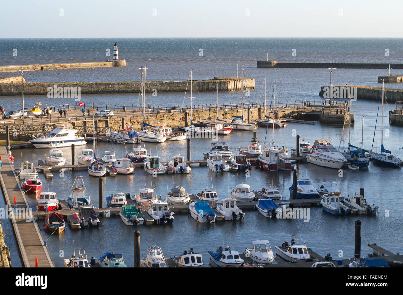Boats moored within the marina Seaham Harbour north east England, UK