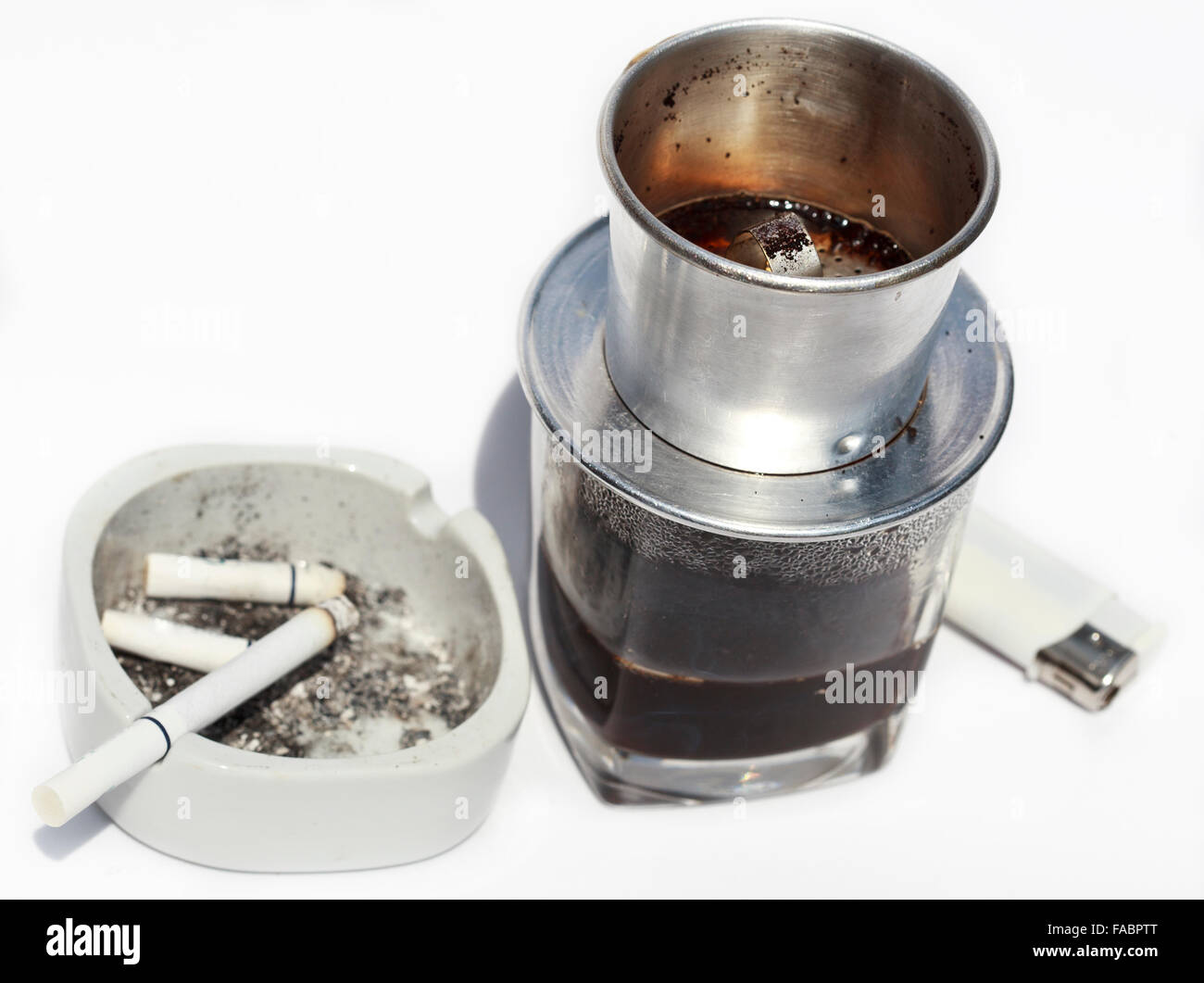 vietnamese cofe and cigarette with ashtray isolated on white clo Stock  Photo