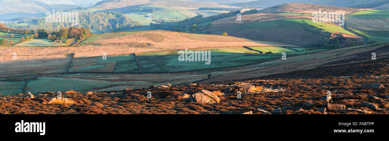 Panoramic View of Peakland at Early Spring. Sunrise in Peak District Stock Photo