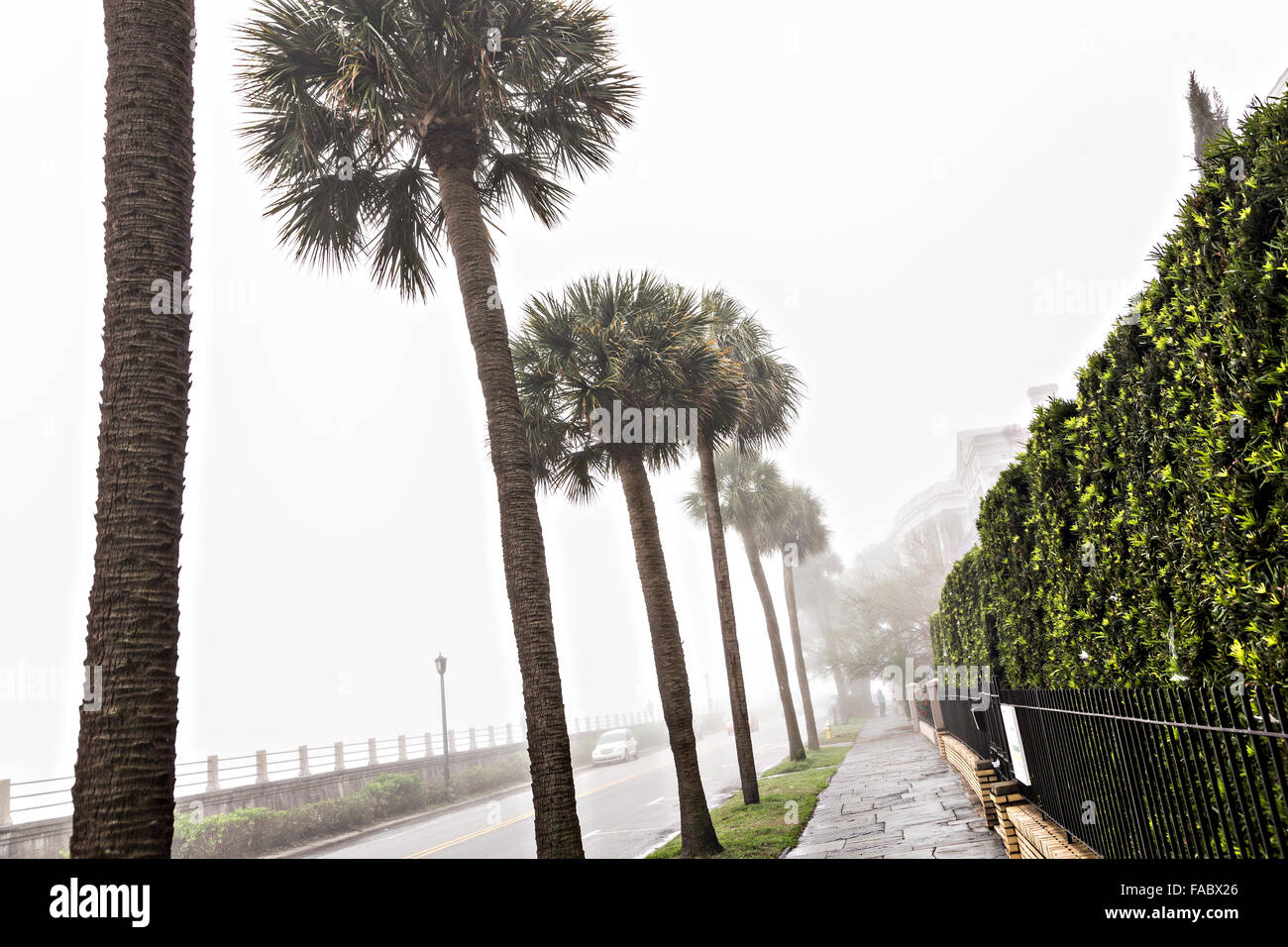 Charleston, South Carolina, USA. 26th Dec, 2015. Fog shrouds historic mansions along the Battery as unseasonably warm weather swept into the eastern half of the United States December 26, 2015 Charleston, SC. The warmer than normal temperatures conflicted with the cooler ocean causing a thick blanket of fog over the region. Credit:  Planetpix/Alamy Live News Stock Photo