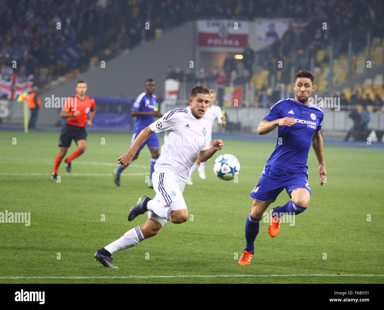 KYIV, UKRAINE - OCTOBER 20, 2015: Artem Kravets of Dynamo Kyiv (L) fights for a ball with Gary Cahill of Chelsea during their UEFA Champions League game at NSC Olimpiyskyi stadium in Kyiv Stock Photo