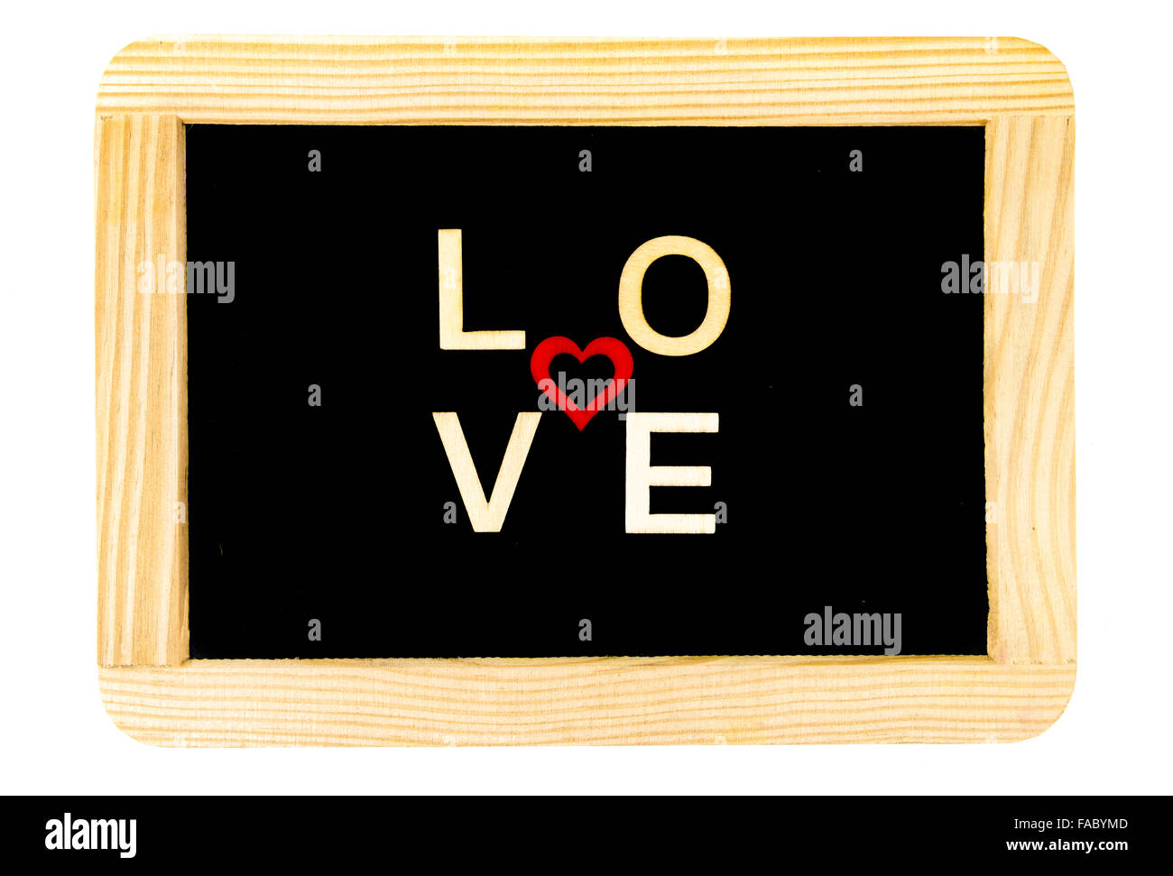 Wooden frame vintage chalkboard isolated on white with word LOVE created of wood letters, red wooden heart shape in the middle Stock Photo