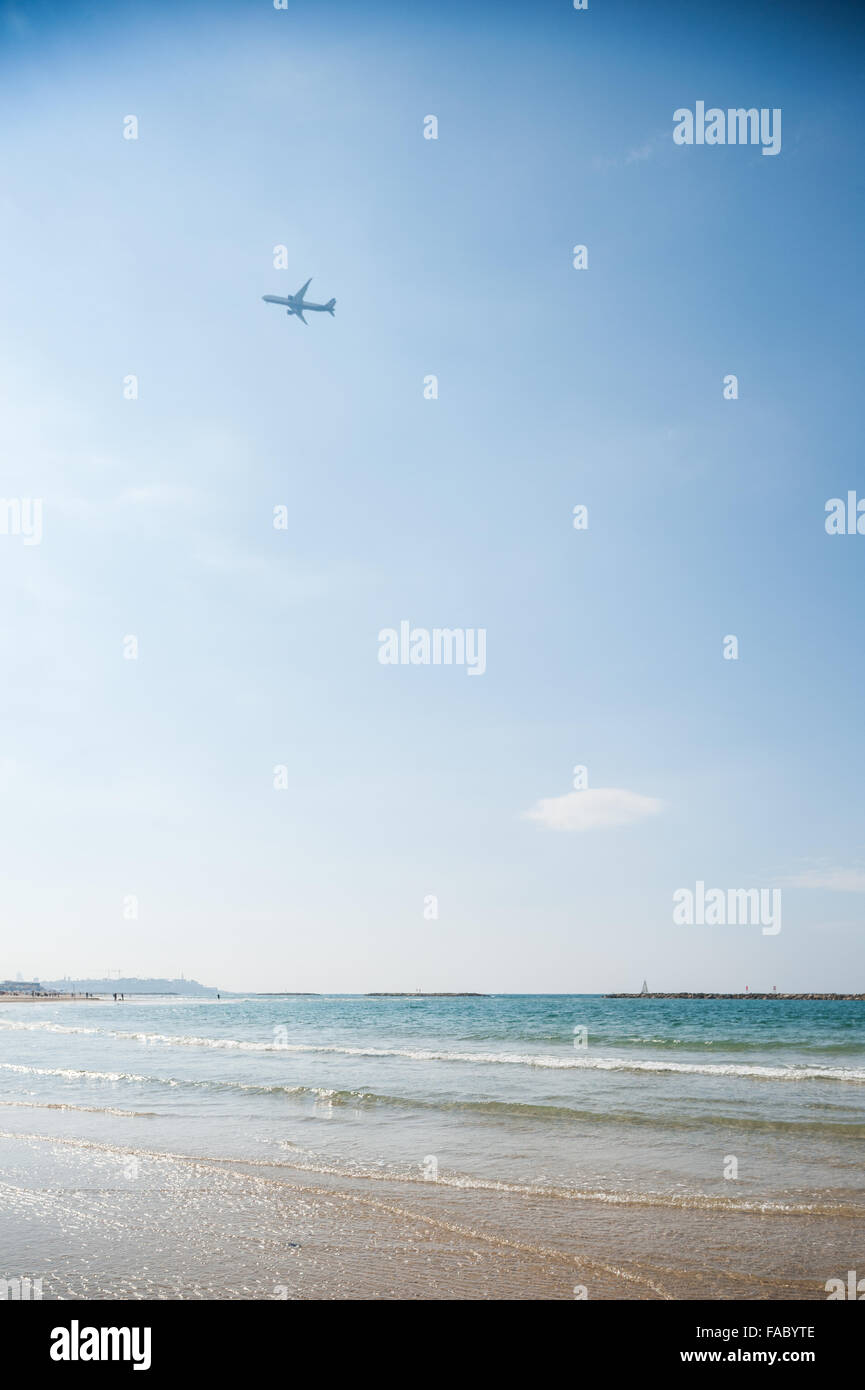 Israel, Tel Aviv, airplane above the beach Stock Photo