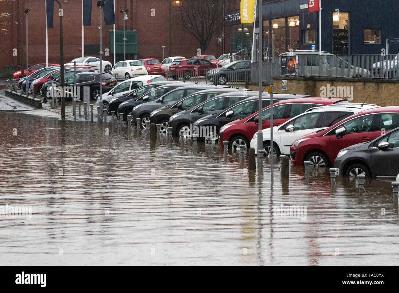 Keighley, UK. 26 December 2105. Cars at a dealership stand partly