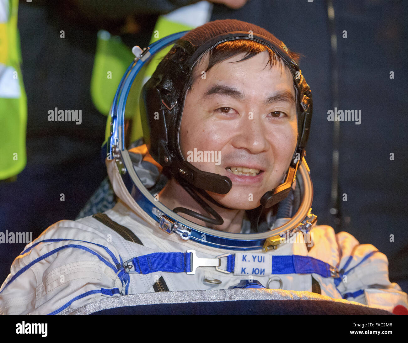 International Space Station Expedition 45 crew member Japanese astronaut Kimya Yui of the Japan Aerospace Exploration Agency at the medical tent moments after landing in a remote area in the Soyuz TMA-17M spacecraft December 11, 2015 near Zhezkazgan, Kazakhstan. The crew is returning after 141 days onboard the International Space Station. Stock Photo