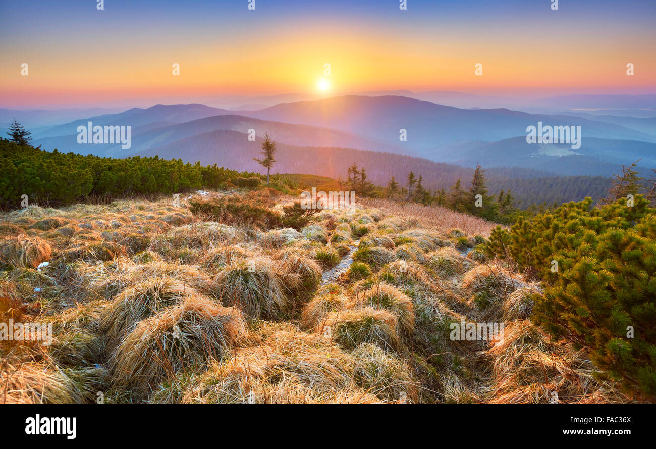 Beskidy Mountains, sunset at the Pilsko Peak, Poland Stock Photo