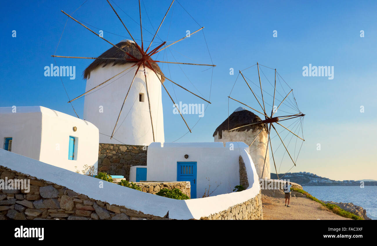 Mykonos landscape with a windmills, Mykonos Island, Cyclades Islands, Greece Stock Photo