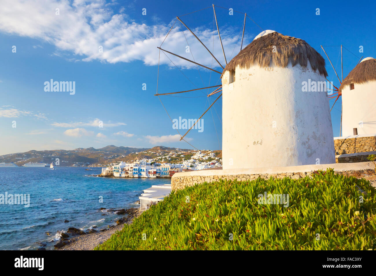 Mykonos landscape with a windmill, Mykonos Island, Cyclades Islands, Greece Stock Photo