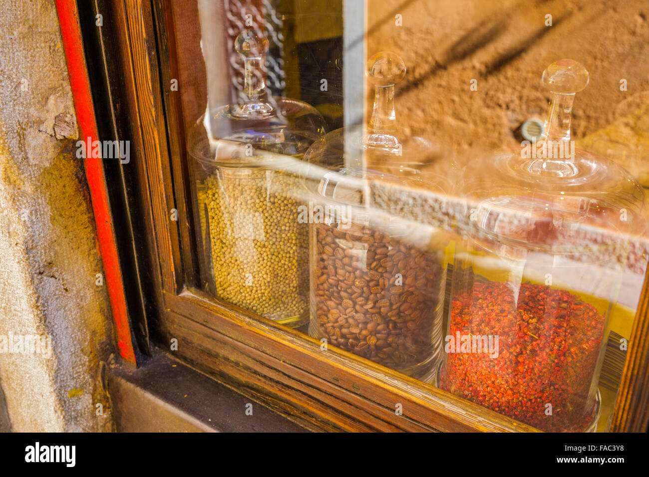 bulk baking supplies in store window, Venice Stock Photo Alamy