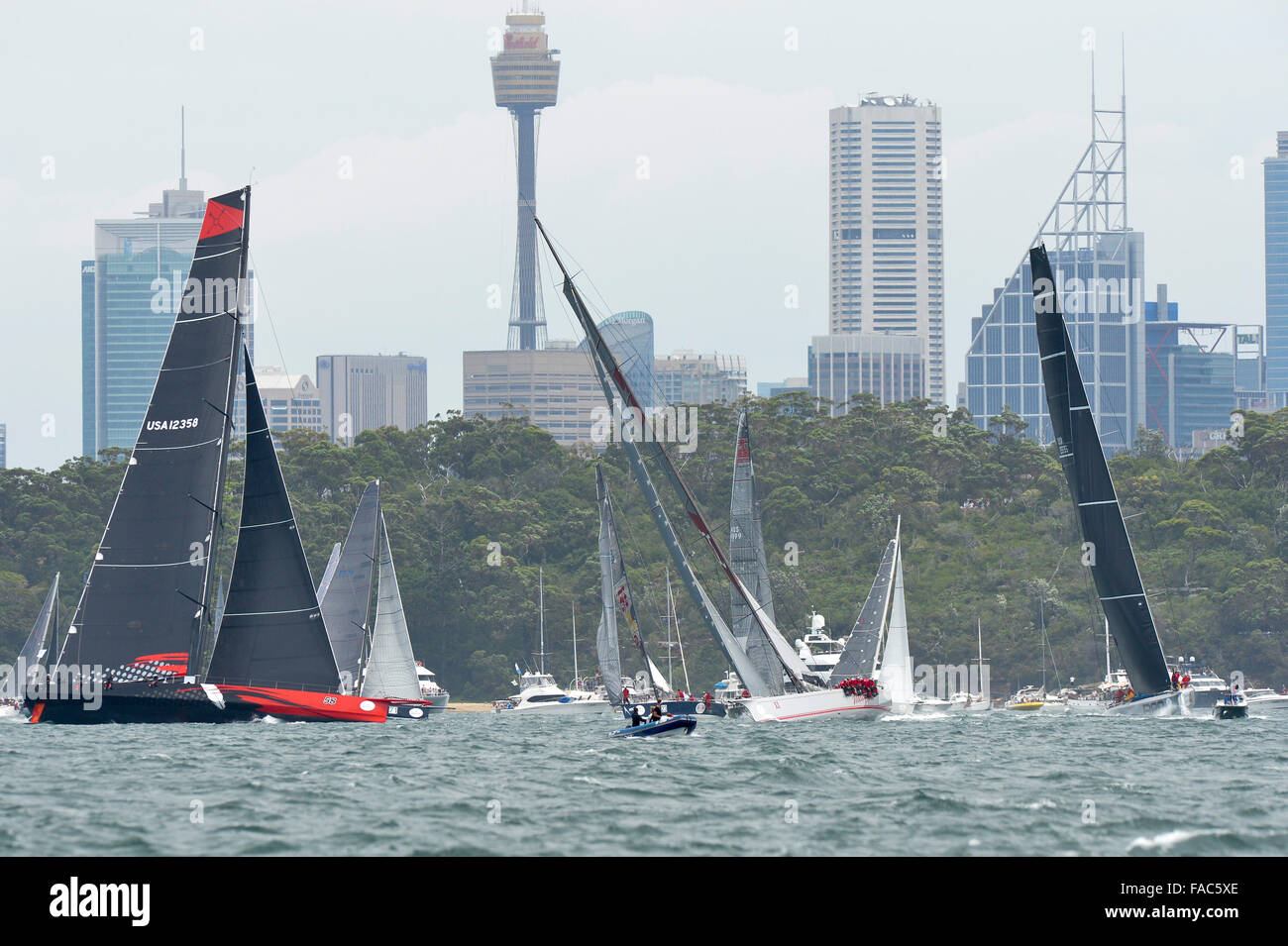 Sydney, Australia. 26th Dec, 2015. Rolex Sydney to Hobart Yacht race 2015. Comanche owned by Jim Clark &amp; Kristy Hinze Clark from SA skippered by skipper Ken Read type 100 Supermaxi, Wild Oats XI owned by Robert Oatley from NSW skippered by Mark Richards type RP100, Rambler owned by George David from the USA type Jk 27m Canting Maxi during the start of the 629 nautical mile race from Sydney to Hobart on Sydney Harbour. © Action Plus Sports/Alamy Live News Stock Photo