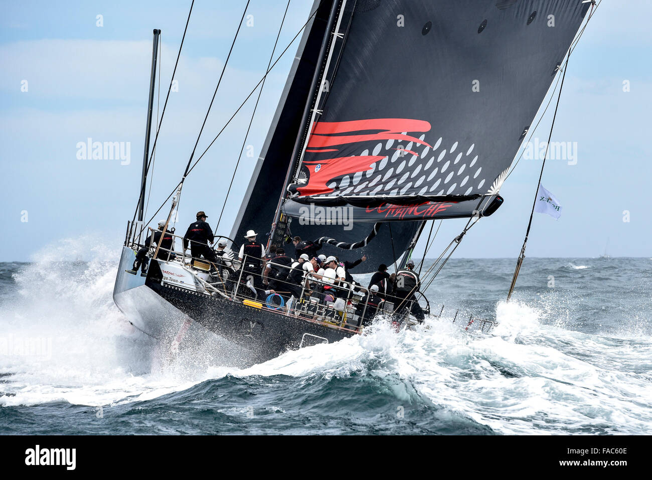 Sydney, Australia. 26th Dec, 2015. Rolex Sydney to Hobart Yacht race 2015. Comanche owned by Jim Clark &amp; Kristy Hinze Clark from SA skippered by skipper Ken Read type 100 Supermaxi during the start of the 629 nautical mile race from Sydney to Hobart on Sydney Harbour. © Action Plus Sports/Alamy Live News Stock Photo