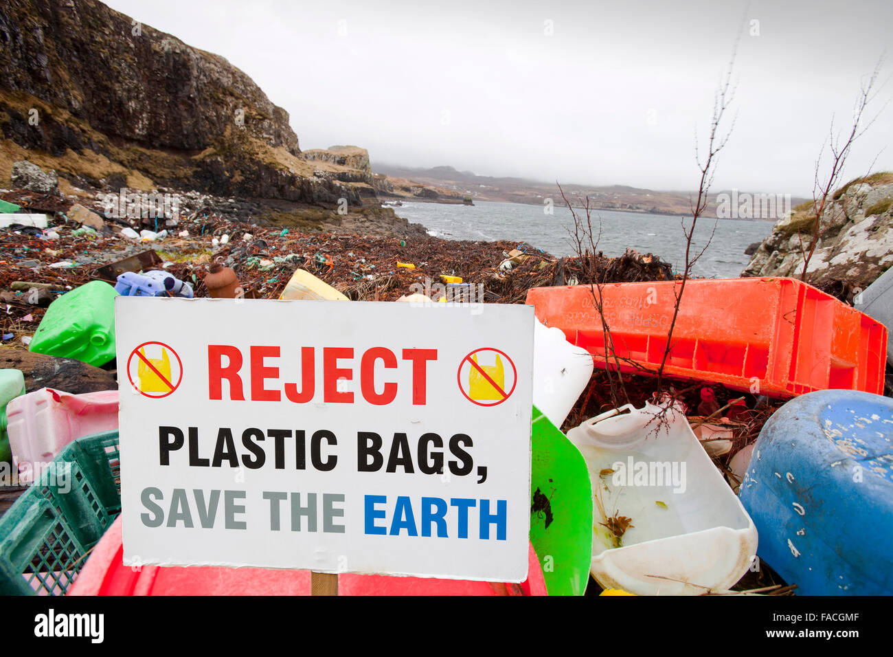 Plastic debris washed ashore at Ardtreck Bay on the Isle of Skye, Scotland, UK. Stock Photo