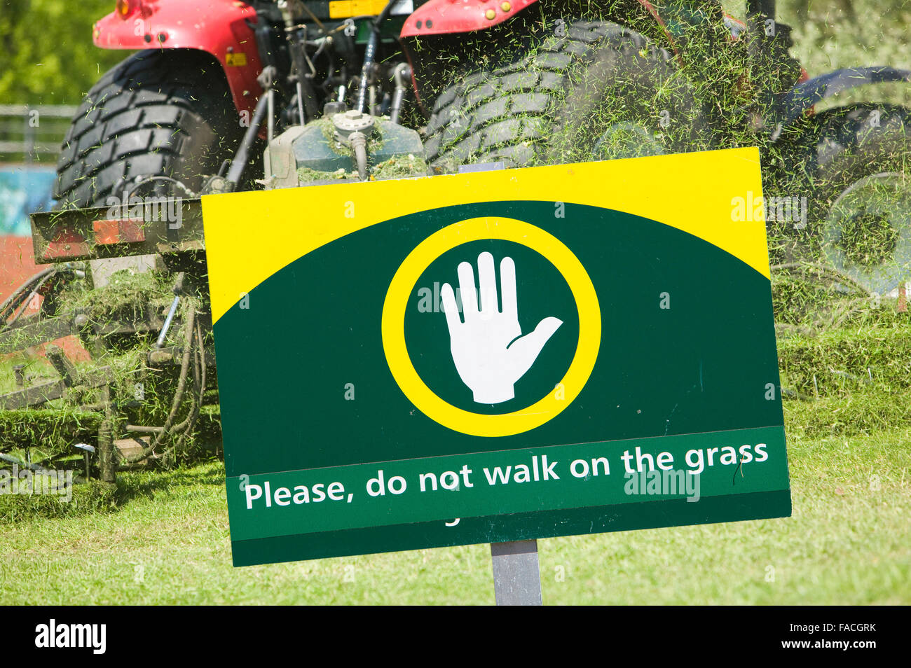 A council contractor mowing grass in a park in Leicester UK. Climate change is extending the