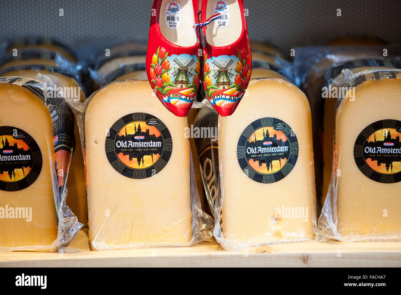 Cheese in a cheese shop in Amsterdam, Netherlands. Stock Photo