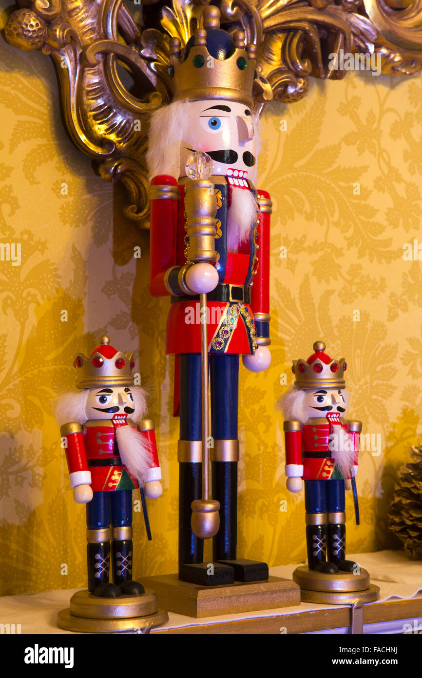 UK, England, Cheshire, Knutsford, Tatton Hall Nutcracker Xmas decorations, Card Room, toy soldiers on mantelpiece Stock Photo