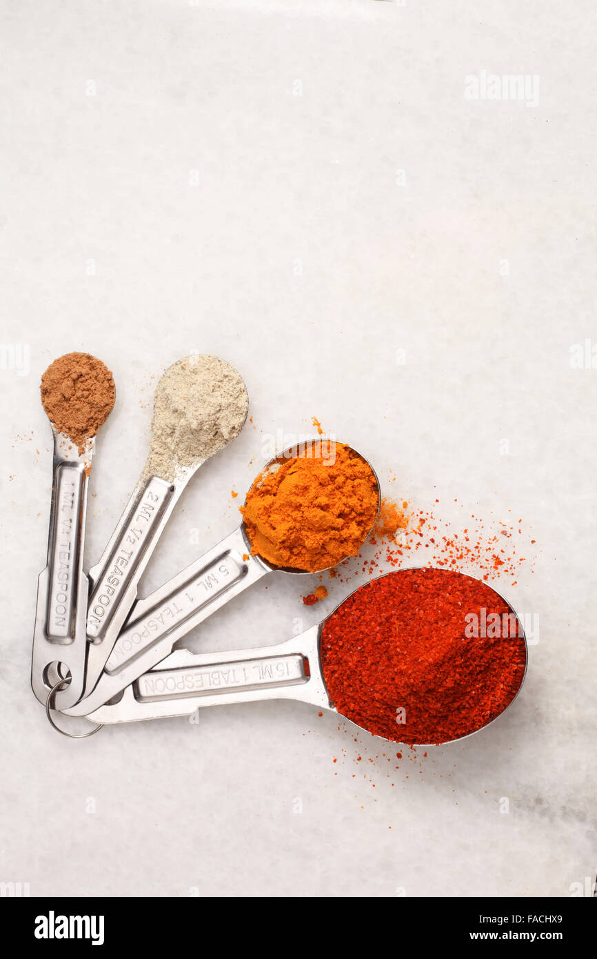 Turmeric ,white pepper and chili powder in spoon Stock Photo Alamy