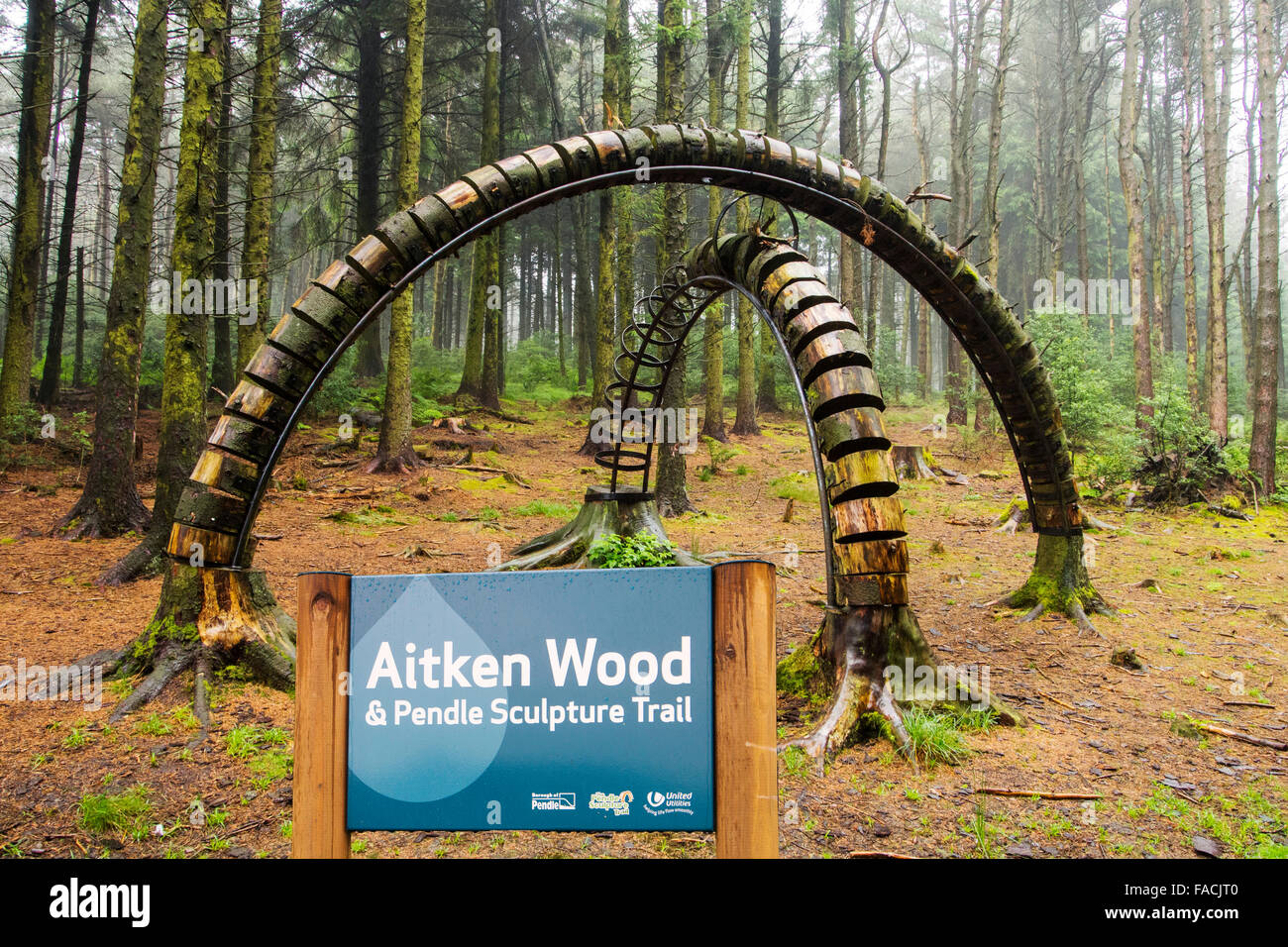The Pendle Sculpture Trail in Aitken wood, near Clitheroe, Lancashire, UK. Stock Photo