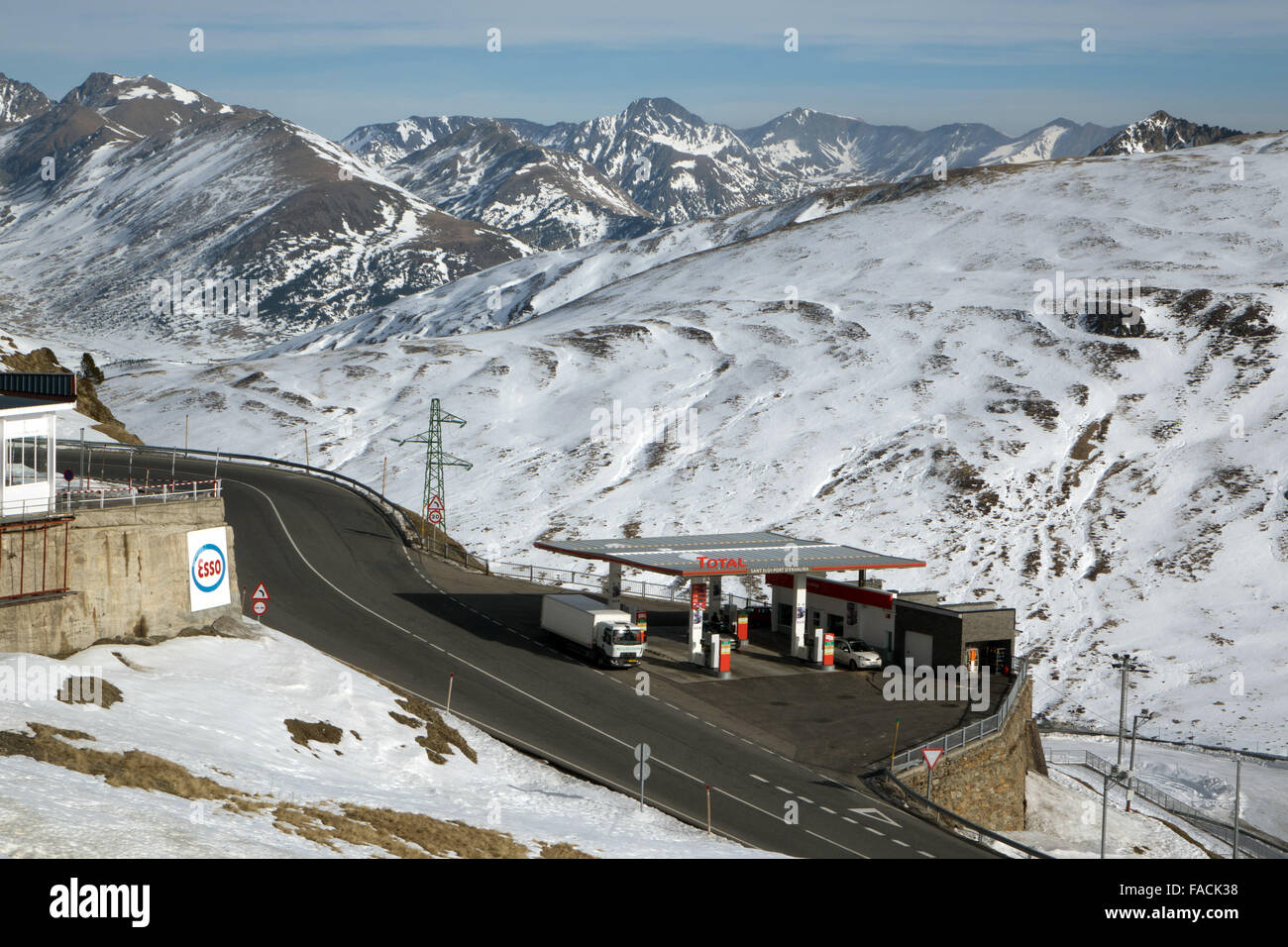 Total Gas station, petrol station, snowy mountains, wild setting, winter, snowy Stock Photo
