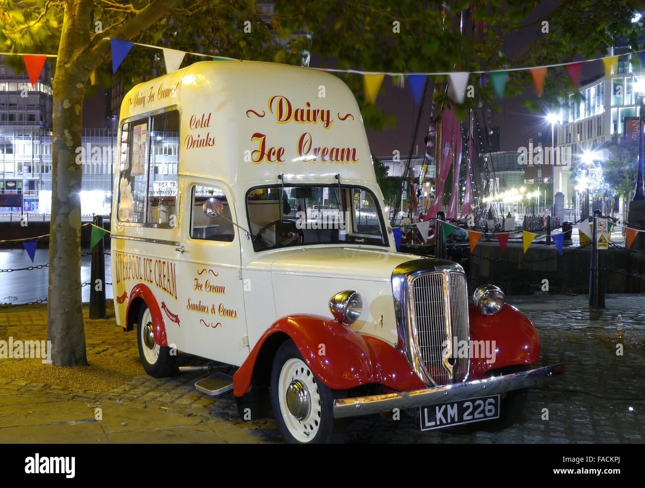 Liverpool vintage dairy ice cream van at night, Albert Dock, Liverpool