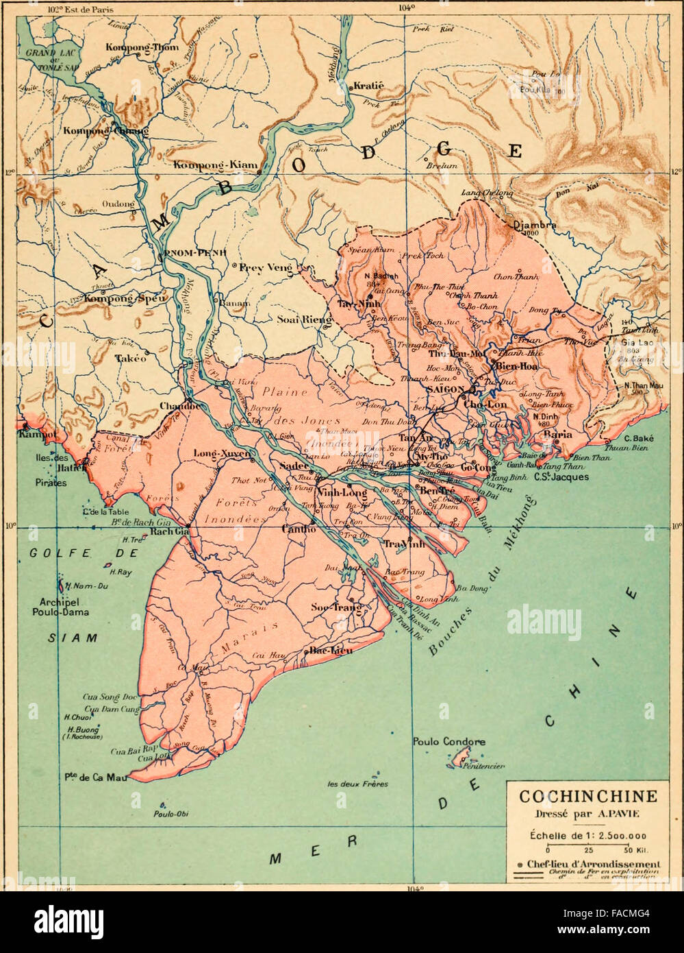 Map of Cochinchine - French Colony which comprised the bottom third of present day Vietnam and included Saigon and the Mekong Delta. French Map circa 1890. In English it is referred to as Cochinchina Stock Photo