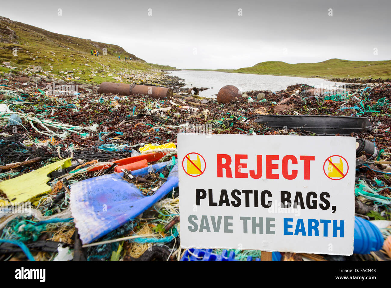 Plastic rubbish washed ashore on Rubha Coigeach in Assynt, Scotland, UK. Stock Photo