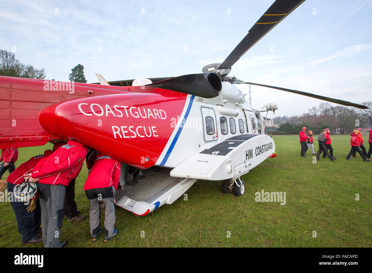 A Sikorsky S92 Helicopters run operated by Bristows at Carlton Hall in Penrith, Cumbria, UK to train with Lake district mountain rescue Team members. Stock Photo