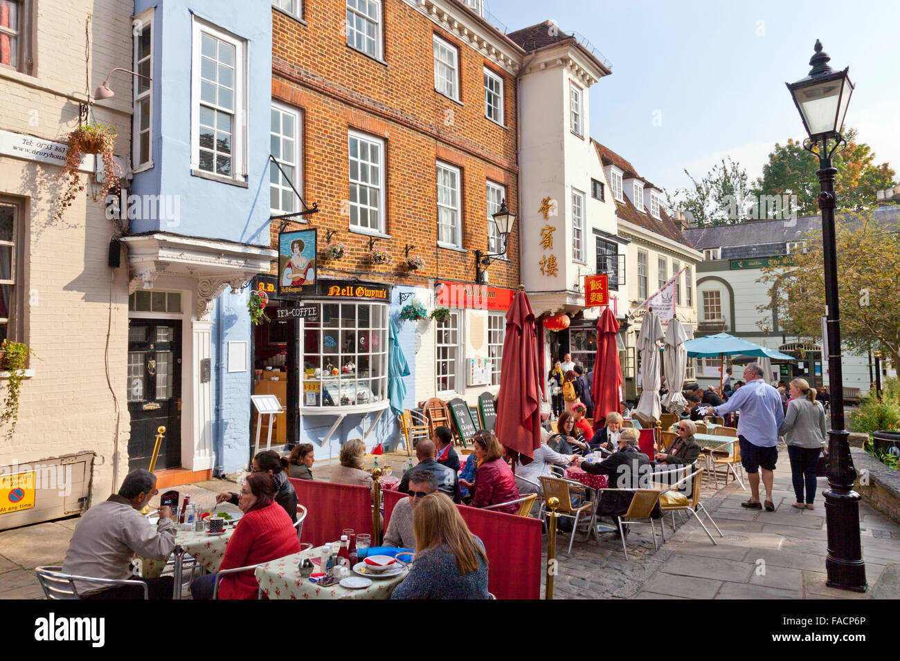 Open air dining in Church Street, Windsor where the road is now full of restaurant tables, Berkshire, England, UK Stock Photo