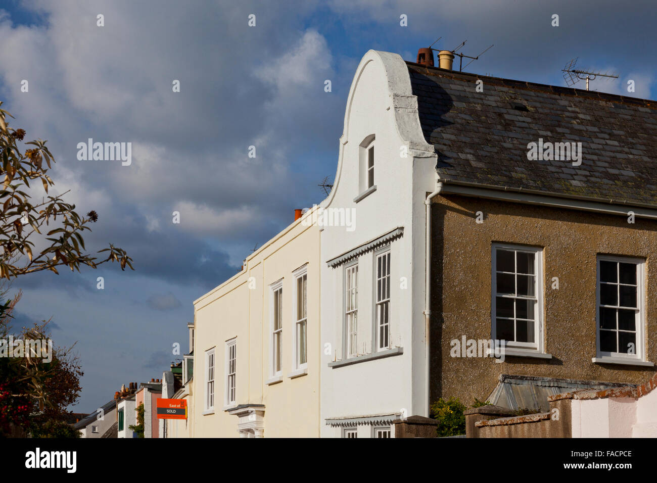 The 'dutch gable' is a feature of many of the houses in the Strand at Topsham, Devon, England, UK Stock Photo