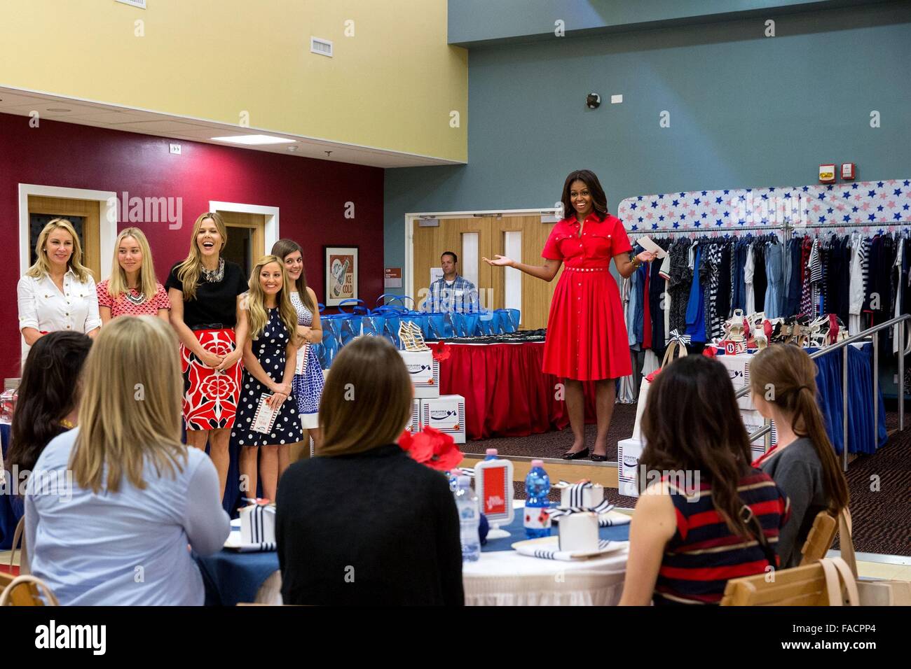 U.S First Lady Michelle Obama surprises expectant mothers during a Joining Forces surprise baby shower at U.S. Army Garrison Vicenza June 19, 2015 in Vicenza, Italy. Stock Photo
