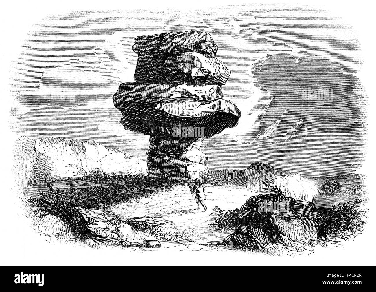 engraved illustration of the Cheesewring stones on Bodmin Moor, Cornwall UK,  from 1844 Stock Photo