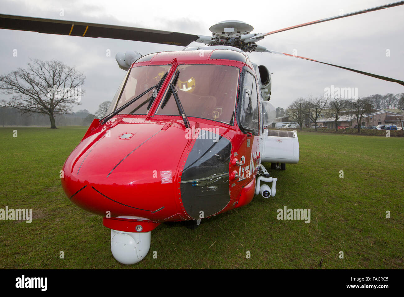 A Sikorsky S92 Helicopters run operated by Bristows at Carlton Hall in Penrith, Cumbria, UK to train with Lake district mountain rescue Team members. Stock Photo